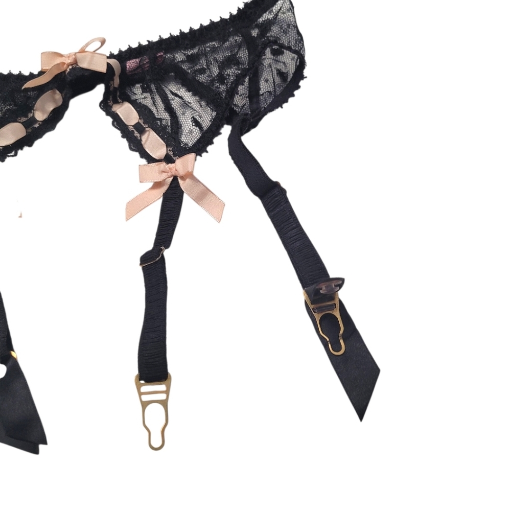Agent Provocateur Black Lace Pink Bow Garter Belt Mesh Size M - Picture 13 of 13